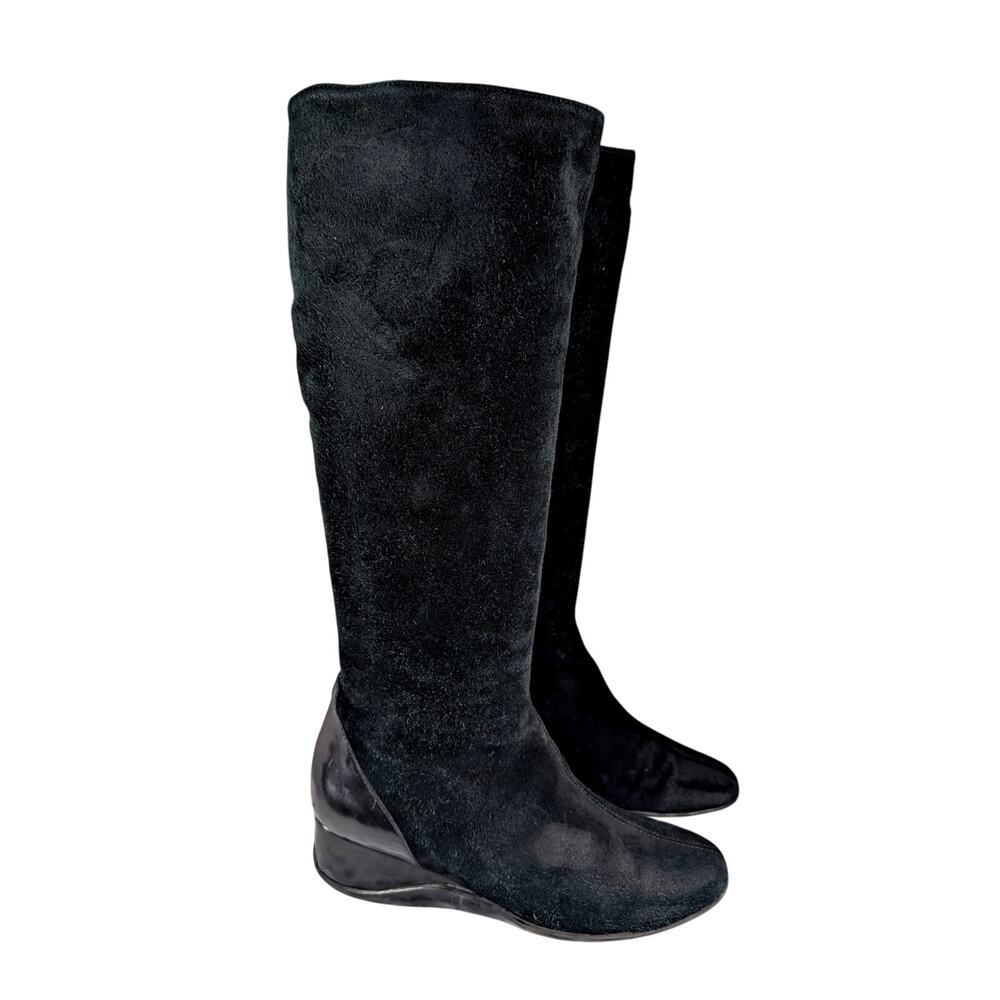 GORGEOUS BLACK GENUINE SUEDE LEATHER WEDGE HEEL, INSIDE ZIPPER BOOTS! SIZE 5M